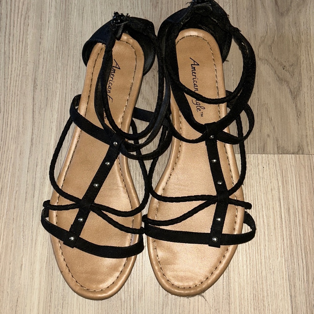 American Eagle Outfitters Black Strappy Sandals 10 Silver Accents Casual Flats
